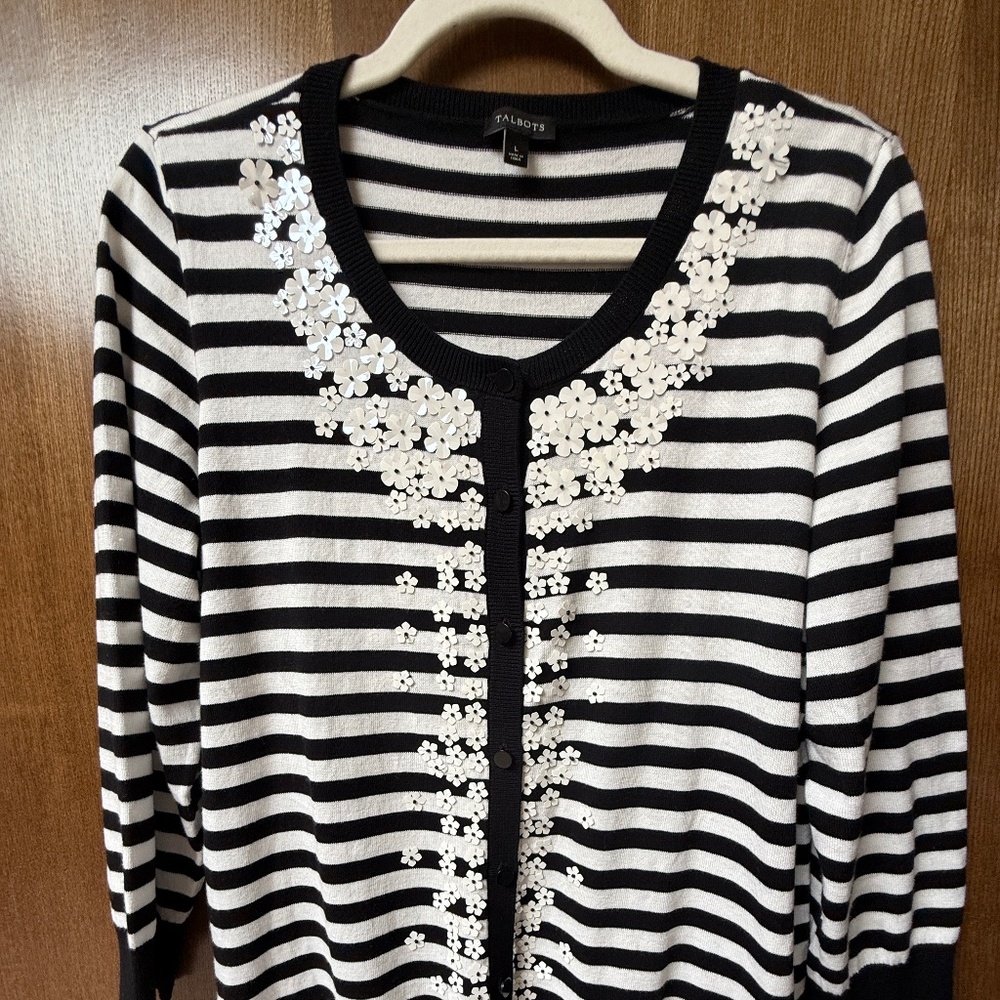 $129 Talbot's black and white cardigan with white sequin floral embellishments L